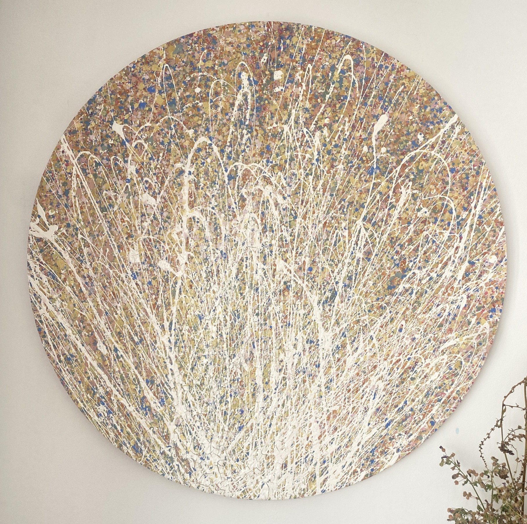a gallery view of early autumn in somerset by somerset artist emily dduchscherer kirkcreated with environmentally friendly, water based paints which show hints of a glossy sheen this circular artwork is finished a satin varnish that gives a three dimensional affect this round textured abstract painting is made on a cotton canvas measuring 60 centimetres in diameter which is approximately 24 Inches Early Autumn in Somerset was completed in my home studio located in South Somerset September 2021